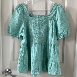 Loft Dotted Lacy Square Neck Tiered Short Sleeve Blouse. Color: Teal
